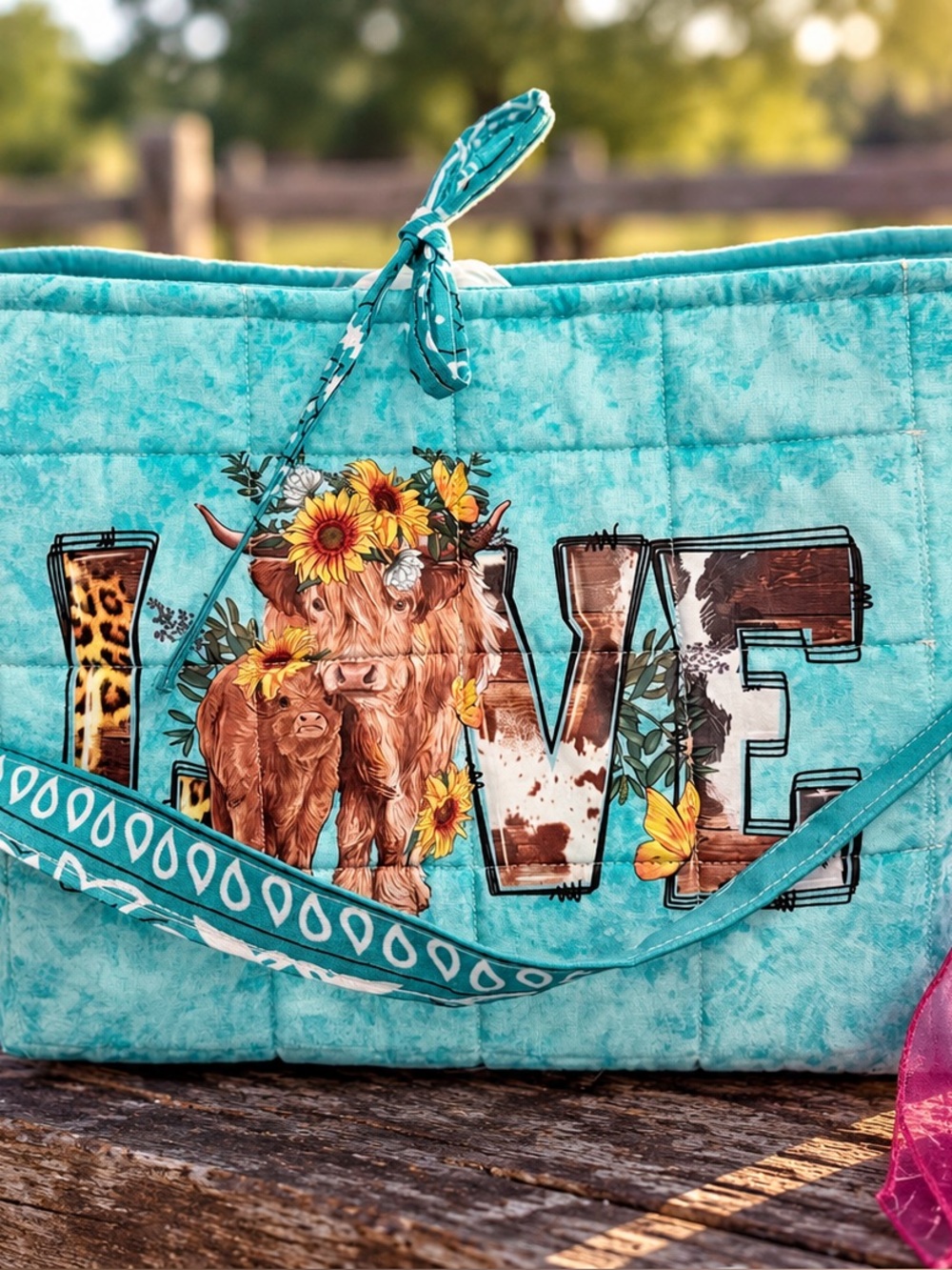 Hand Crafted Turquoise Quilted Tote with Floral Highland Cow LOVE Graphic
